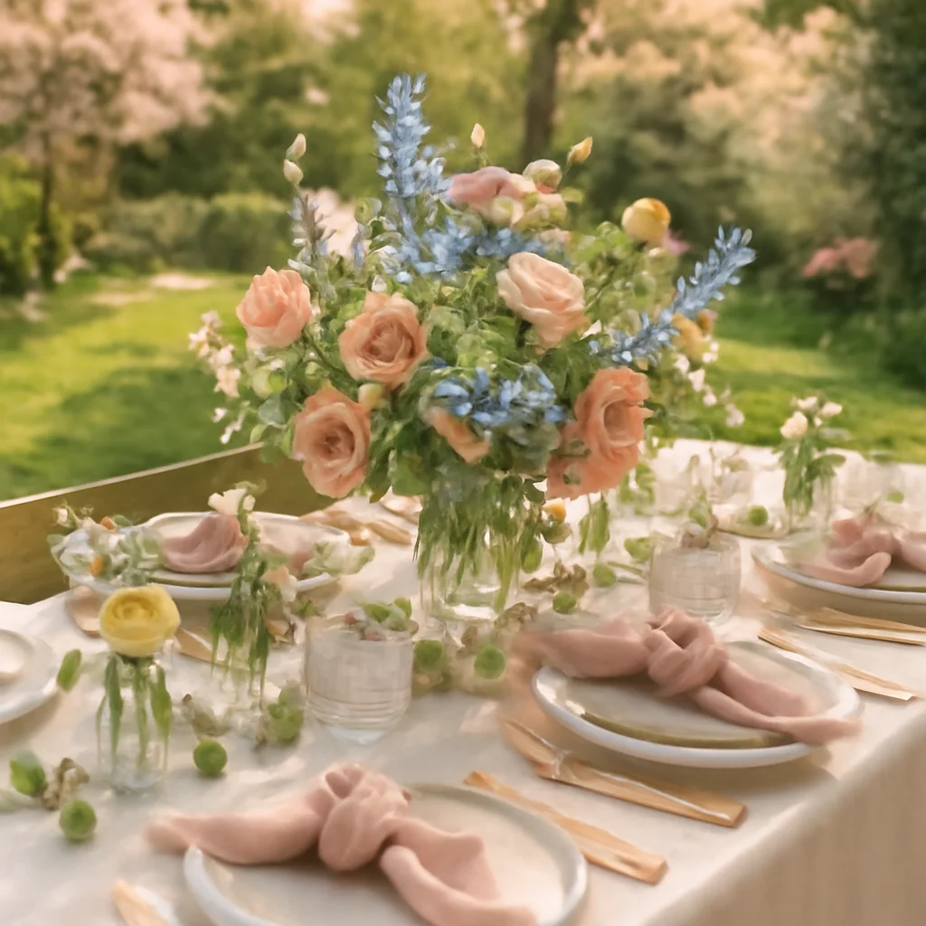 Spring party table with pastel floral centerpiece and linen napkins