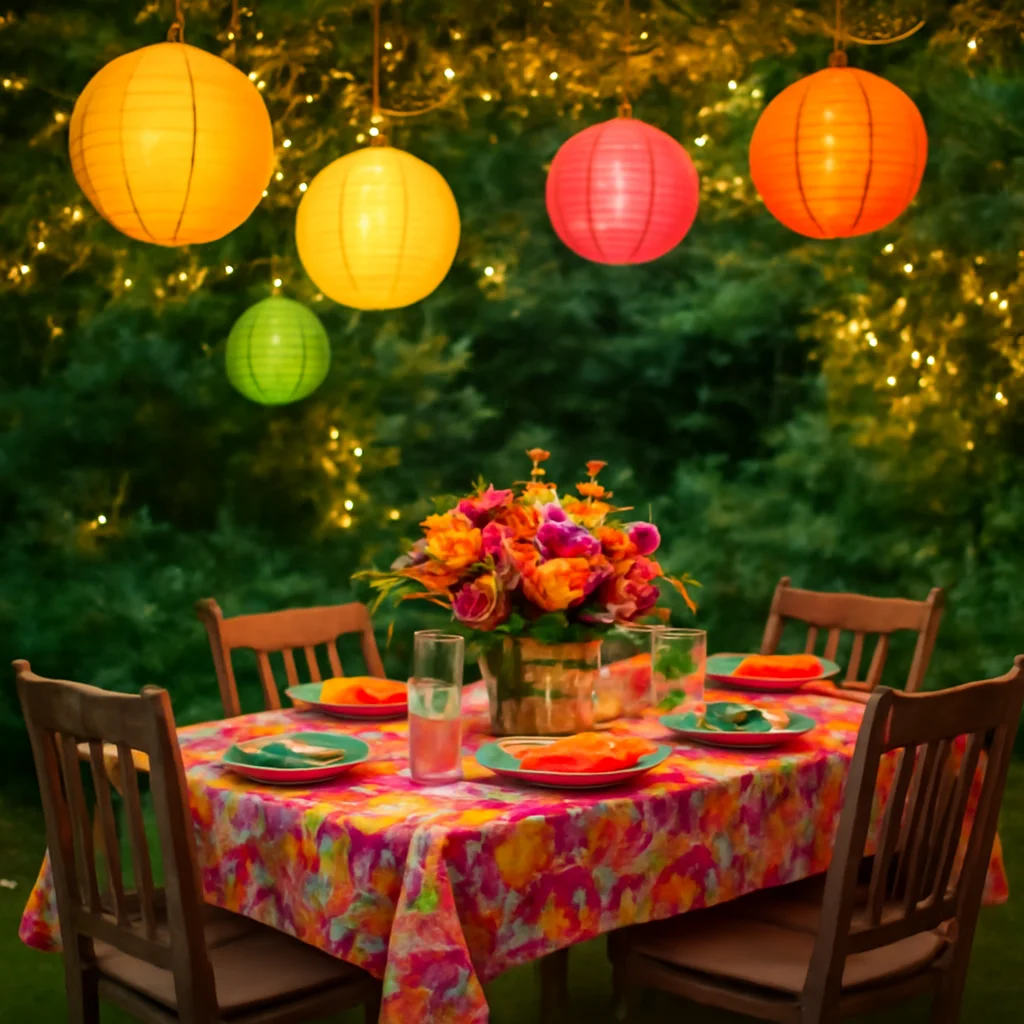 Outdoor evening summer party with lanterns and vibrant decorations