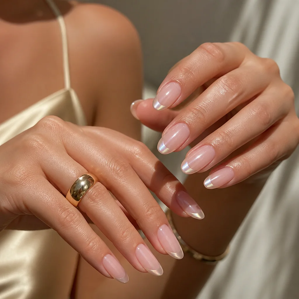 Modern French manicure with pearly shimmer and chrome tip details on almond nails
