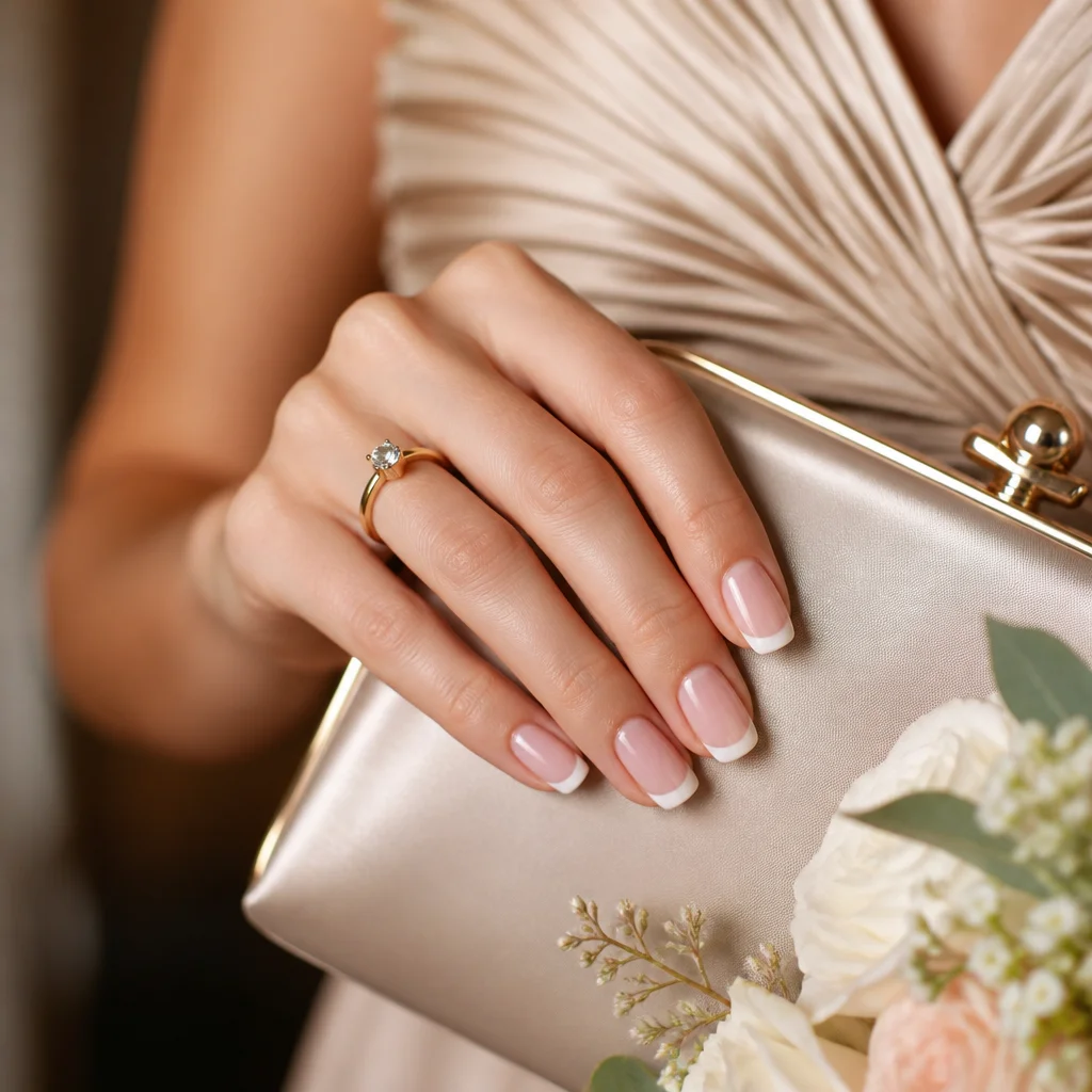 Elegant French nails styled for a formal occasion with accessories and polished finish