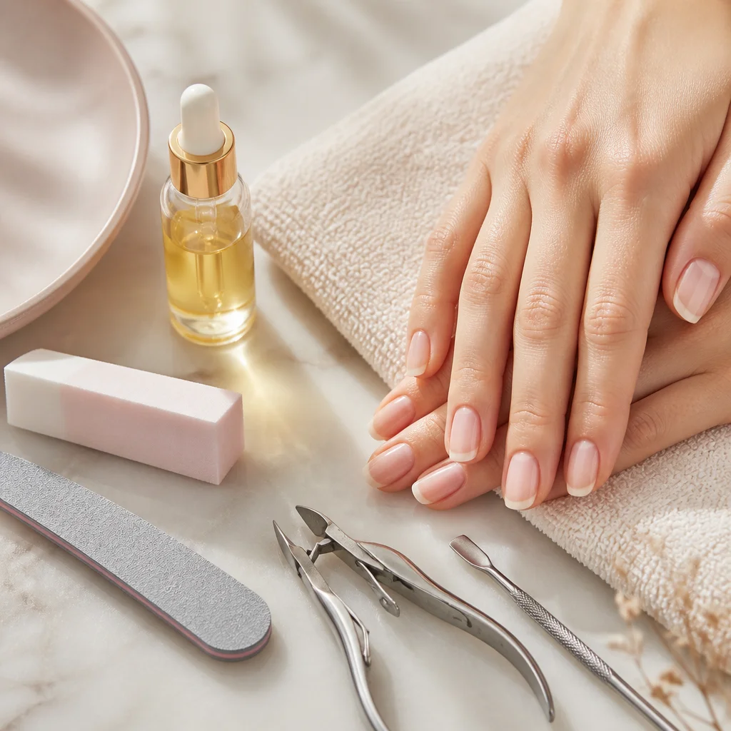 Editorial manicure prep scene with cuticle oil, nail tools, and neatly shaped natural nails