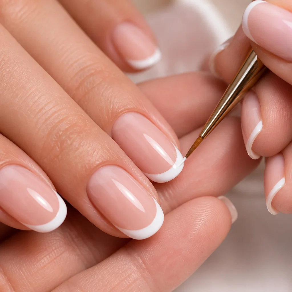Close-up of French nails being touched up to maintain a crisp clean tip line