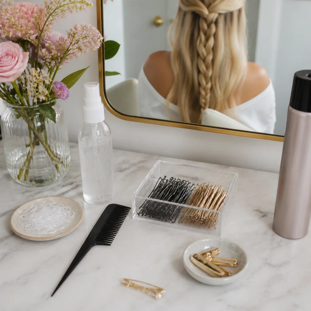 Hair styling tools and products arranged on a vanity beside prepped hair ready for braiding
