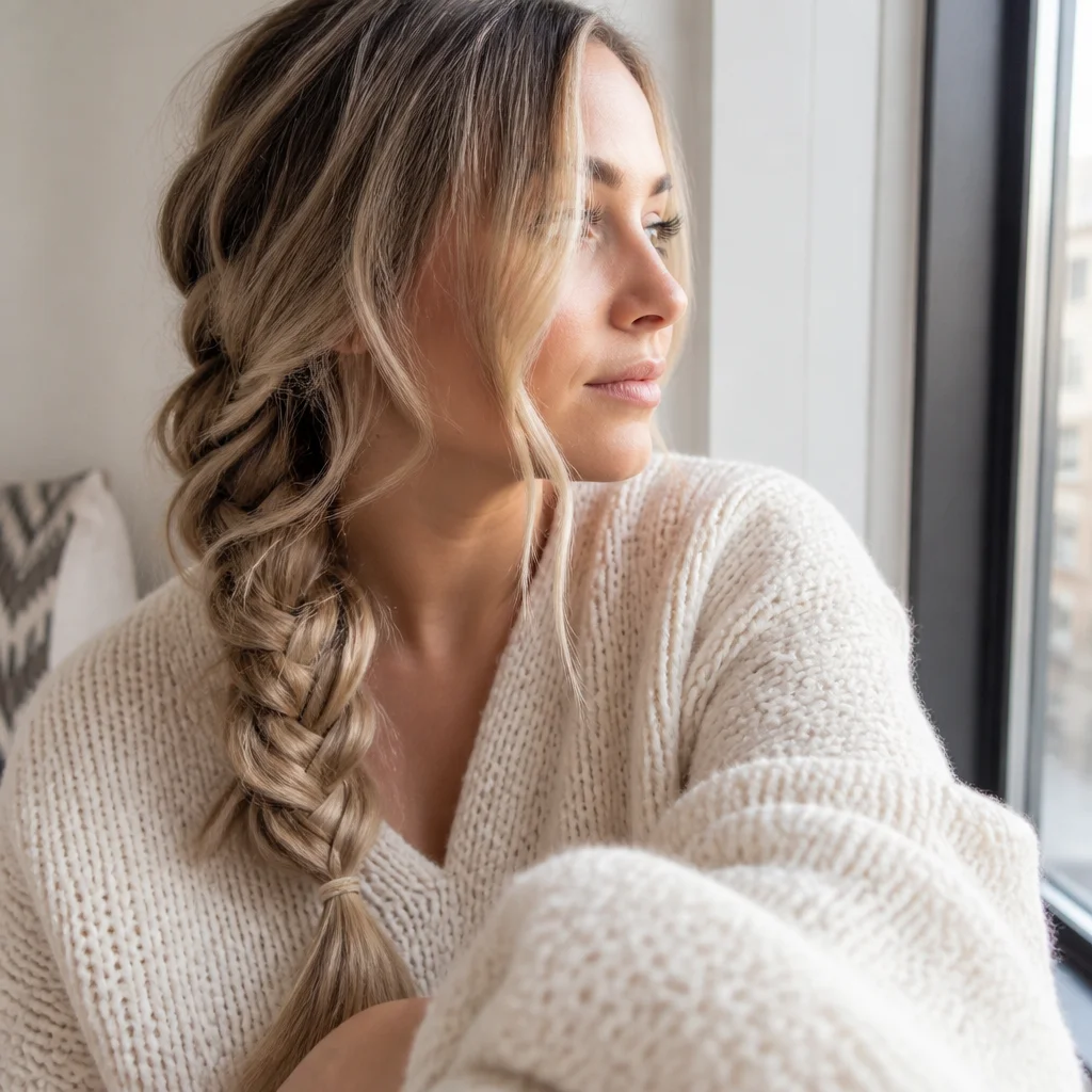 Woman wearing a relaxed side three-strand braid in soft natural daylight