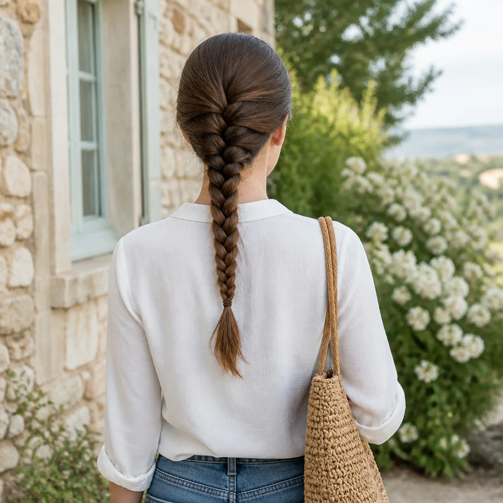 Neat single French braid keeping hair smoothly secured away from the face