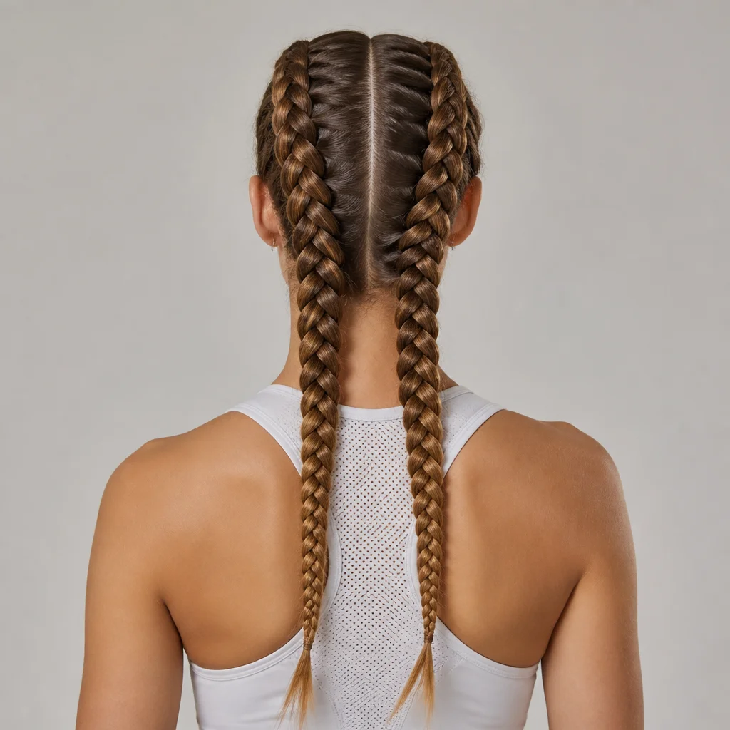 Twin Dutch braids with defined center part and raised braided texture
