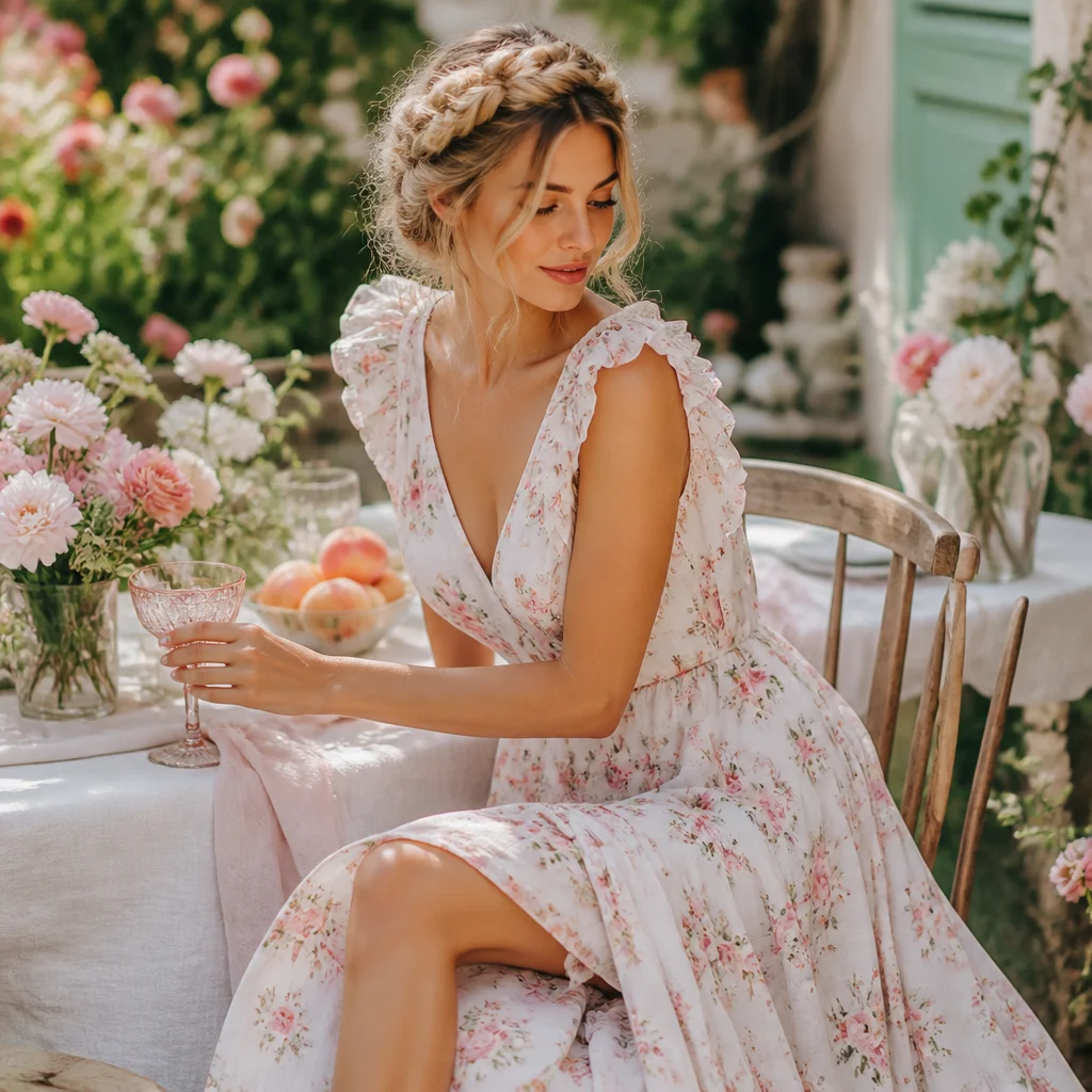 Soft crown braid styled for an outdoor brunch or garden party look