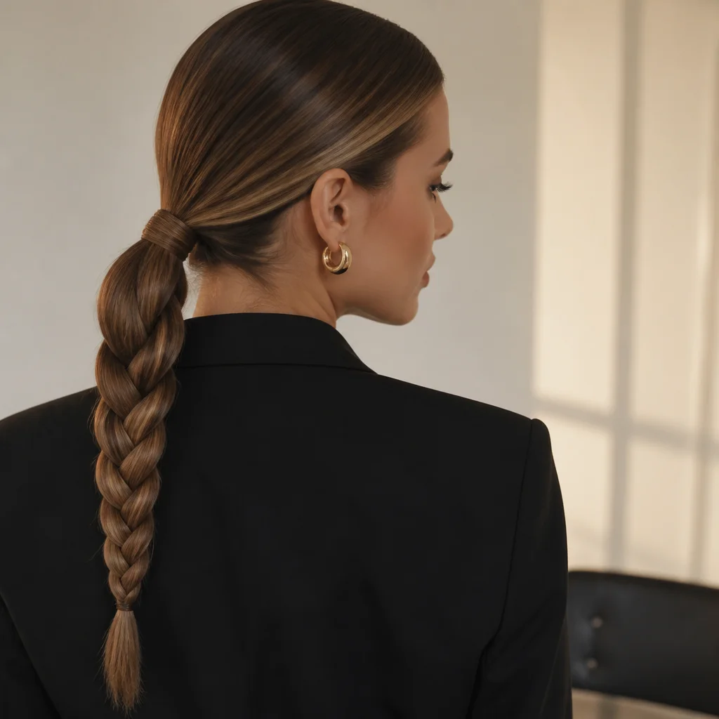 Sleek low ponytail finished with a polished braided tail