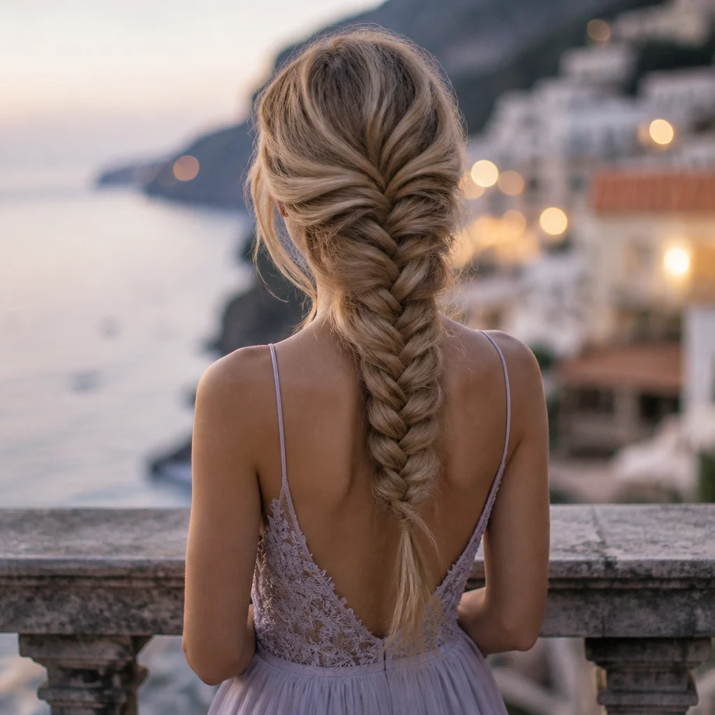 Detailed fishtail braid down the back with softly expanded texture