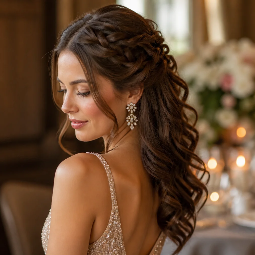 Half-up braided hairstyle with soft curls left flowing through the lengths
