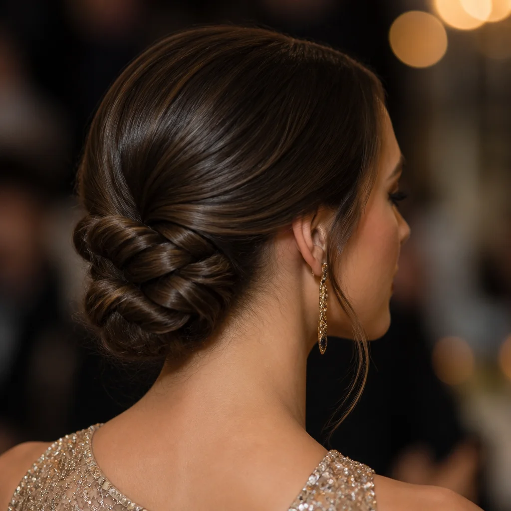 Elegant low braided bun at the nape for a formal event
