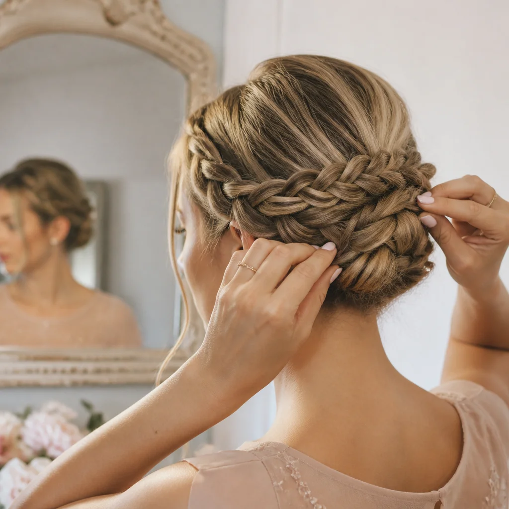 Hands adjusting the final details of a finished braid in front of a mirror