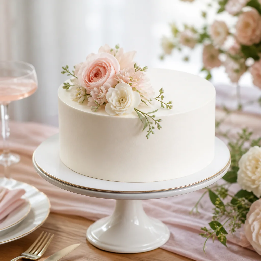 Smooth white buttercream birthday cake with blush flowers on an elegant cake stand