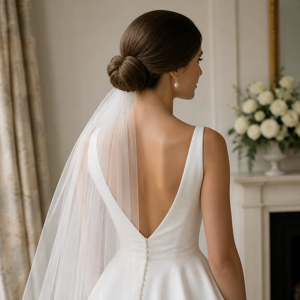 Bride wearing a polished low chignon with a veil pinned beneath the bun