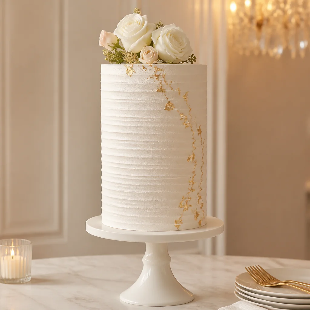 Tall textured white birthday cake with delicate gold accents in a refined setting