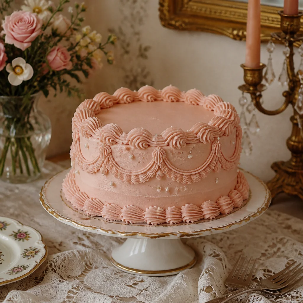 Vintage piped birthday cake with scalloped borders and soft pastel frosting