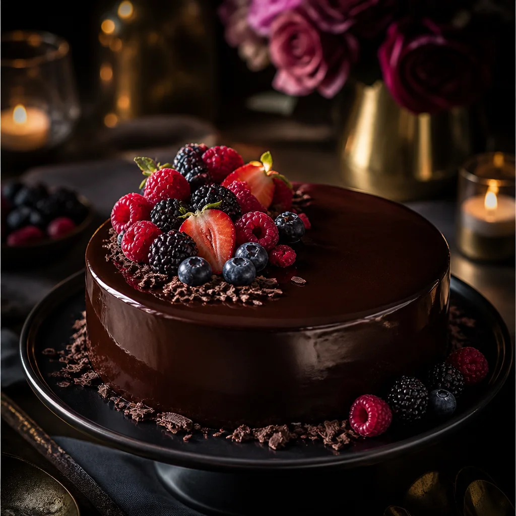 Elegant chocolate ganache birthday cake topped with fresh mixed berries