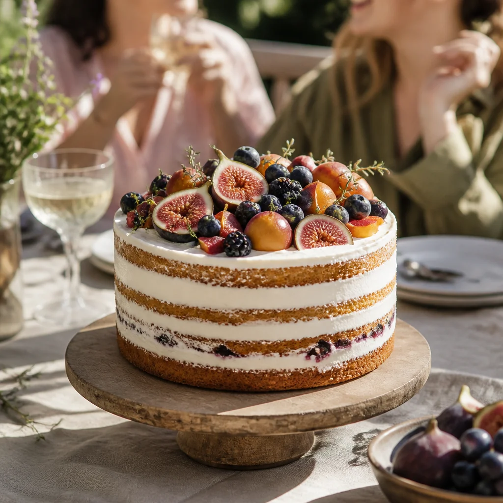 Semi-naked birthday cake topped with fresh seasonal fruit on a rustic stand