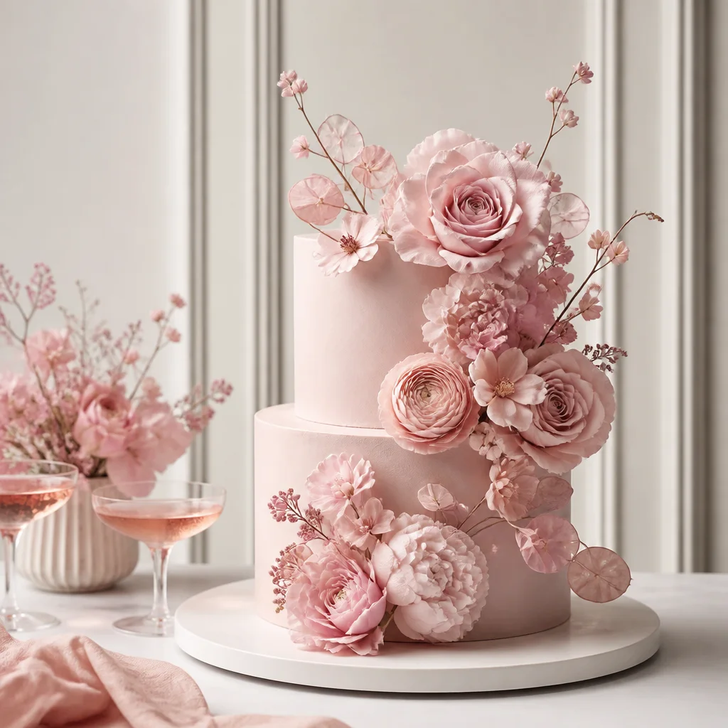 Monochrome floral birthday cake styled in a chic single-color palette