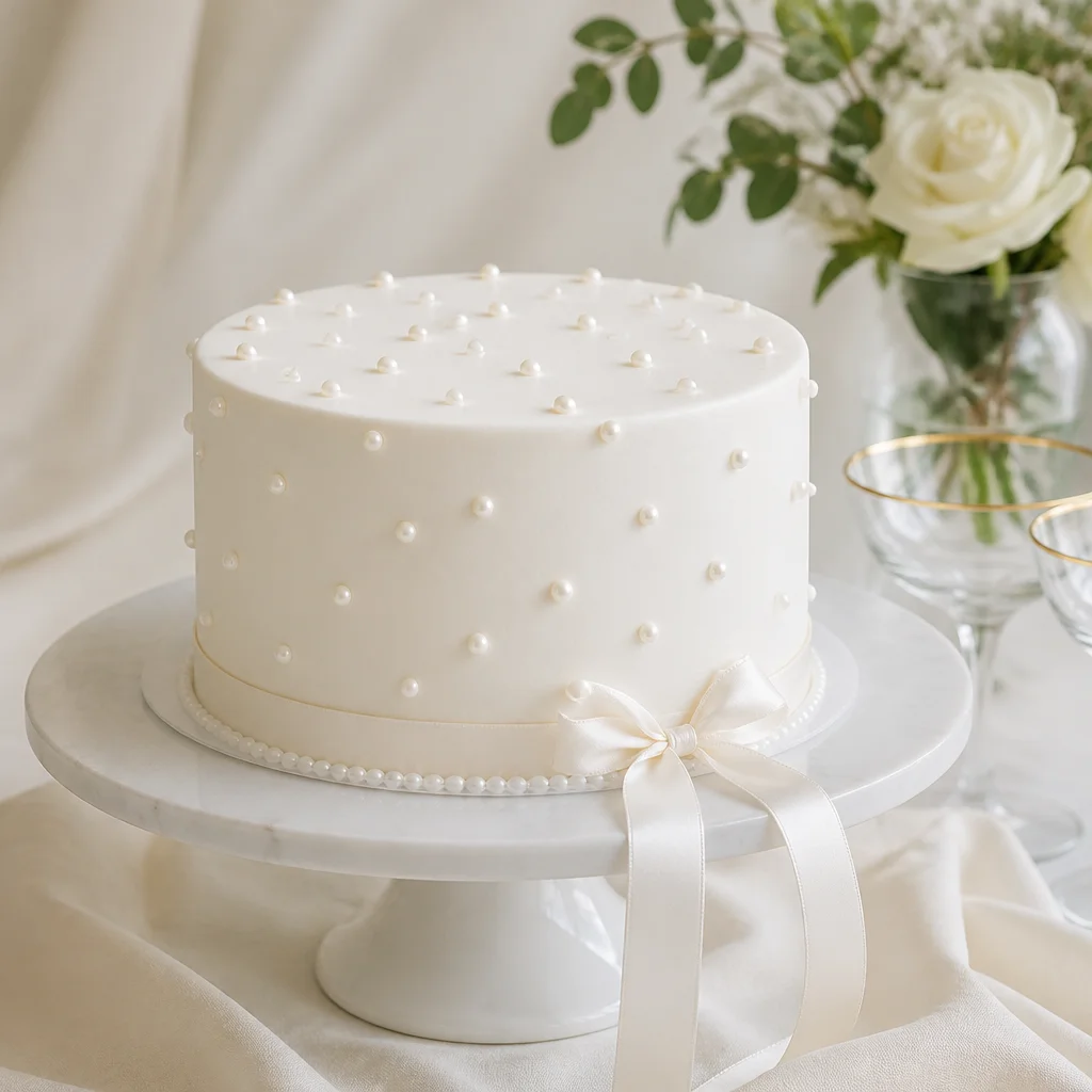Minimalist birthday cake with smooth finish, pearl details, and ribbon accent
