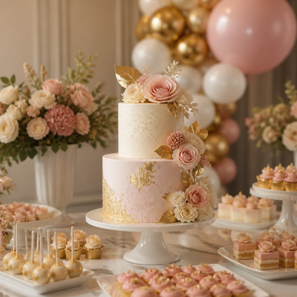 Elegant two-tier birthday cake with coordinated decoration for a larger party