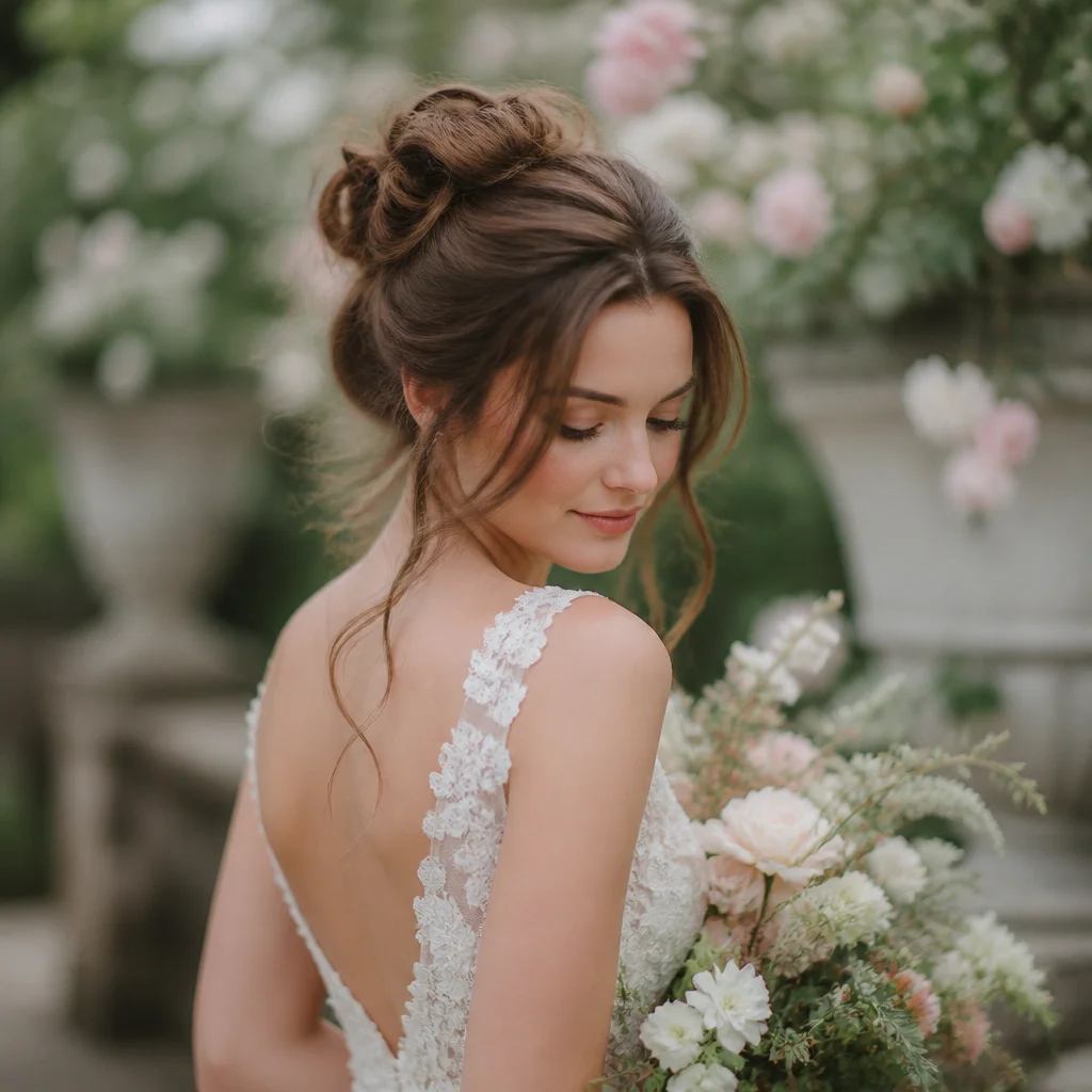 Bride with a romantic textured bun and soft face-framing tendrils