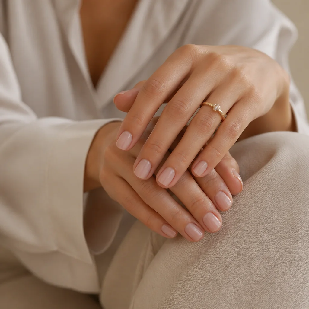 Short rounded nails with a sheer nude manicure styled for an understated everyday look