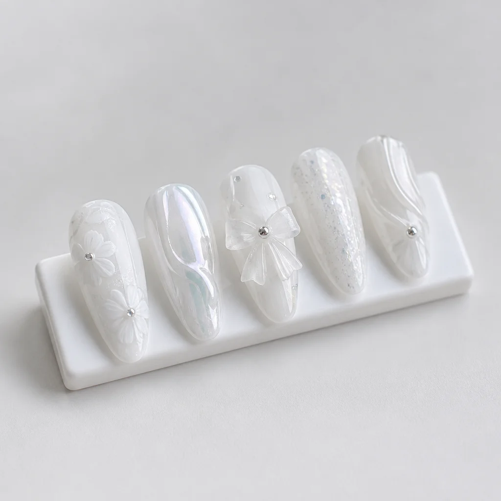 Manicure design presented on artificial nail samples.