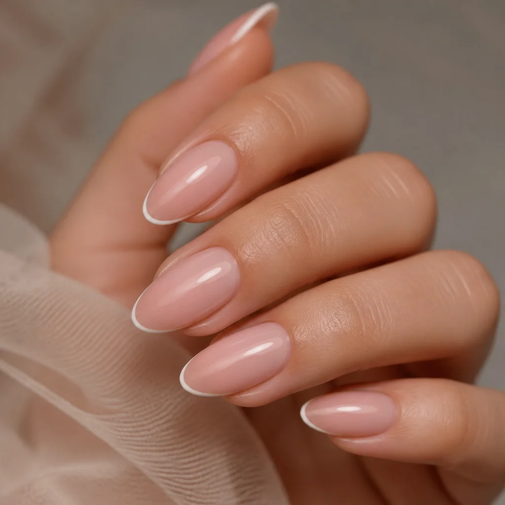 Almond-shaped nails with ultra-thin French tips in a clean minimal style