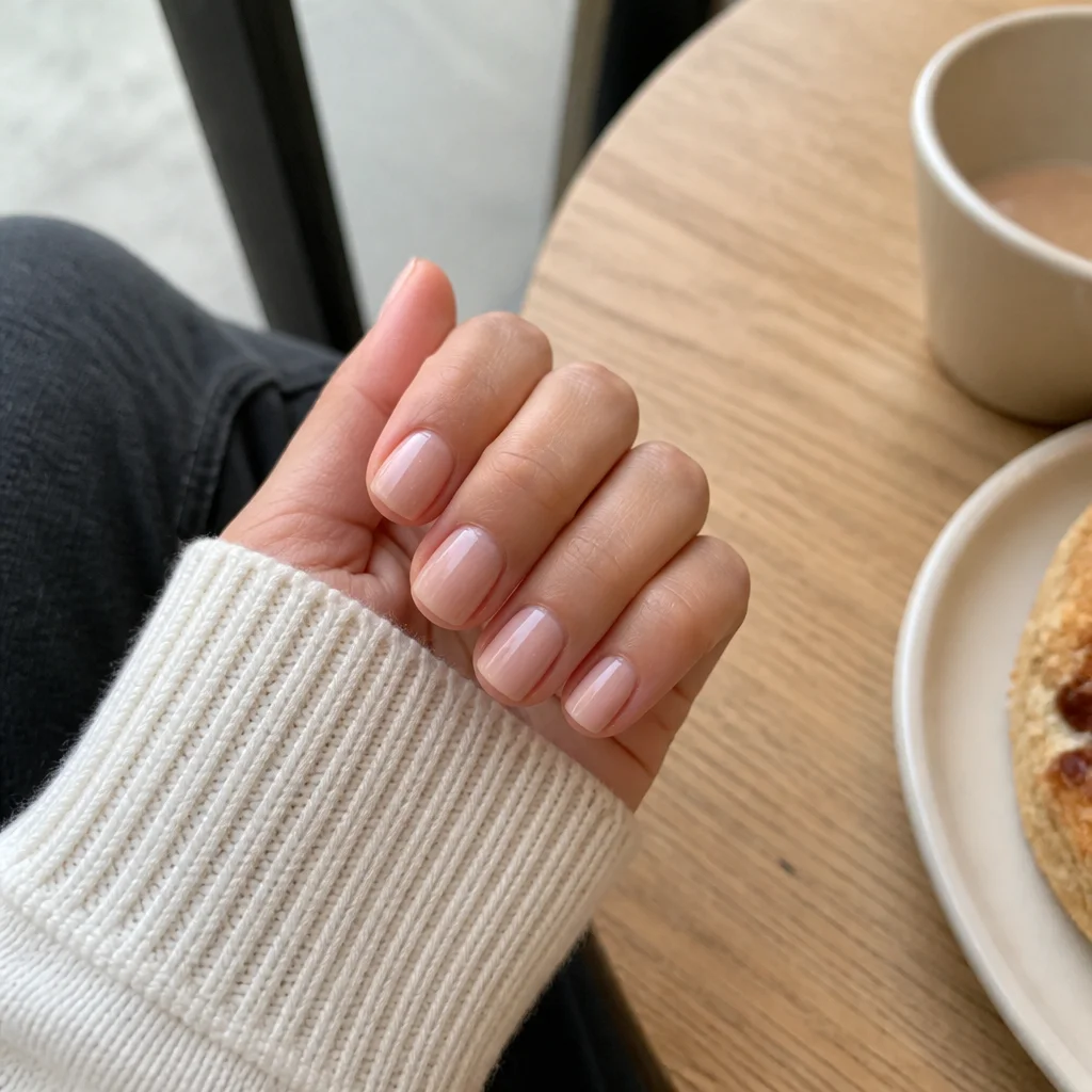 Short squoval nails with a natural pink-beige manicure showing practical minimal style