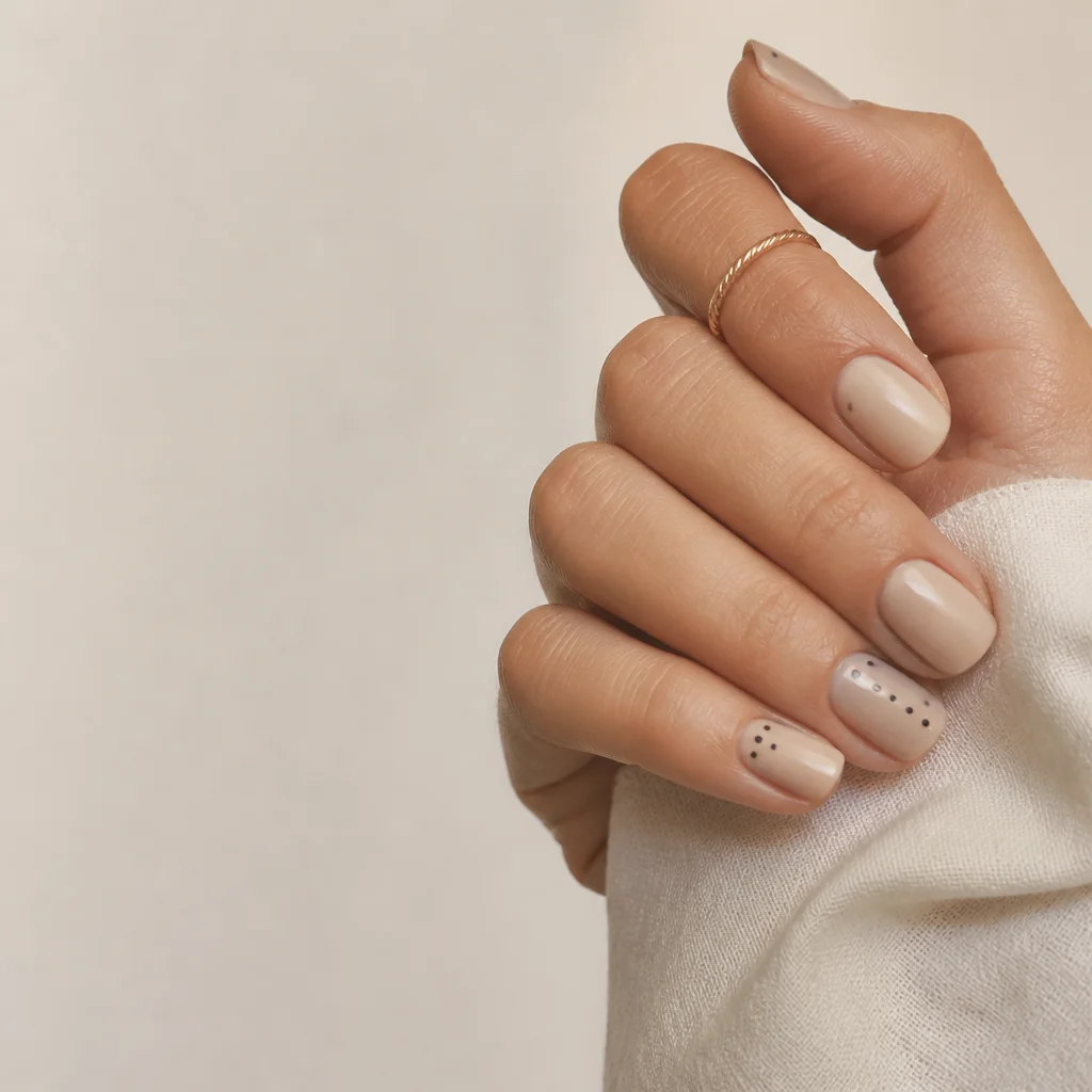 Neutral manicure with tiny dot nail art accents and lots of negative space