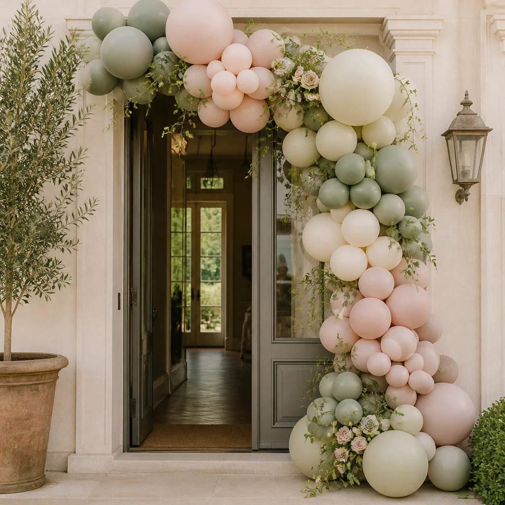 Asymmetrical balloon garland framing a stylish party entrance door in a soft modern color palette