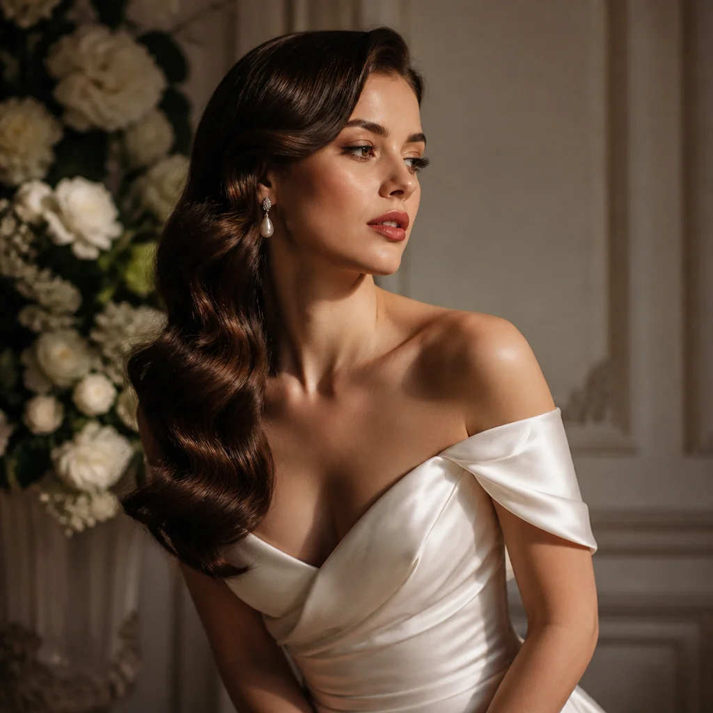 Bride in glossy Hollywood waves styled over one shoulder