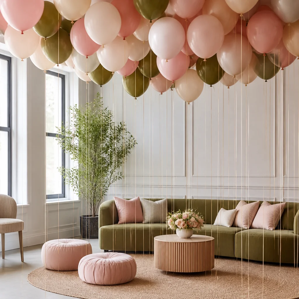 Ceiling cluster of floating balloons above a decorated party seating area with coordinated ribbons