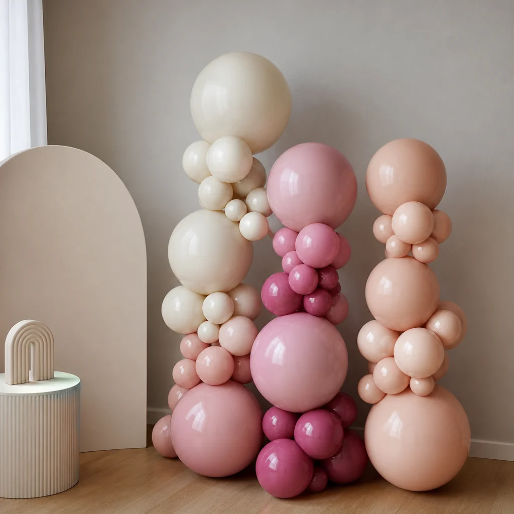 Modern party corner with staggered balloon stacks in varied heights and a clean color story