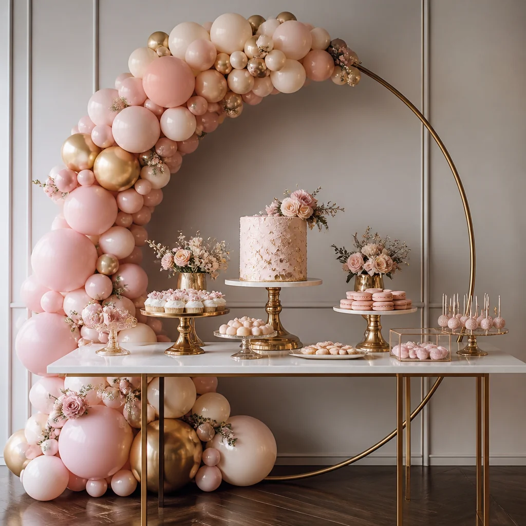 Dessert table styled with a crescent balloon backdrop framing cake and sweets