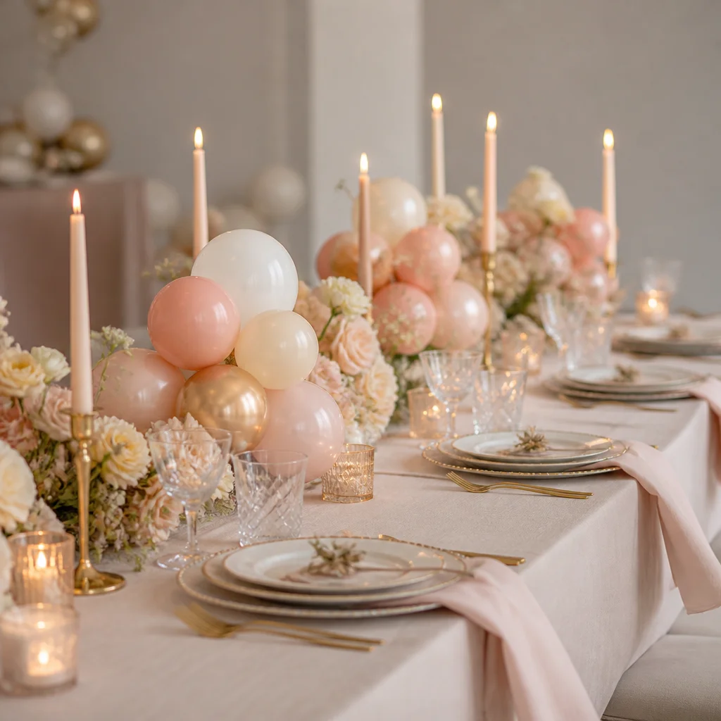 Elegant dining table with low mini balloon clusters mixed with candles and place settings