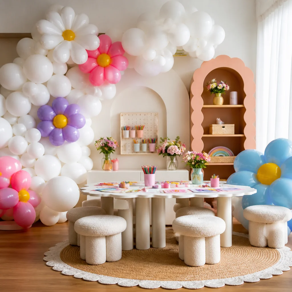 Child-friendly activity zone decorated with playful balloon shapes in an edited color palette