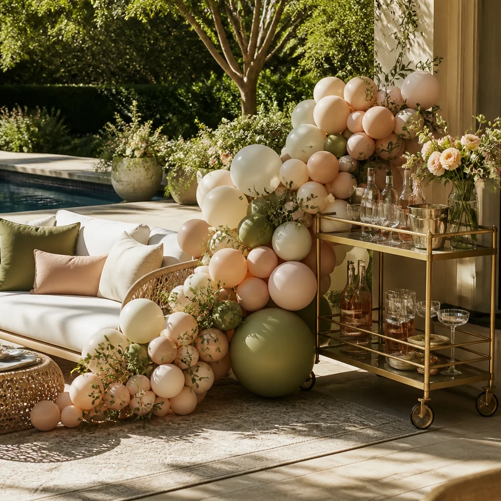 Outdoor patio party with grounded organic balloon garland along a seating or bar area