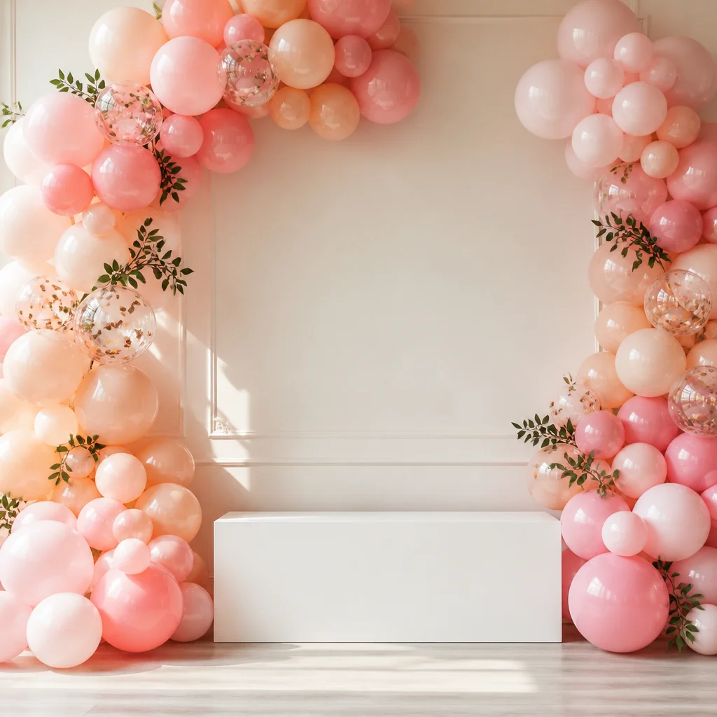 Modern photo backdrop using balloons around open negative space for a clean party focal point