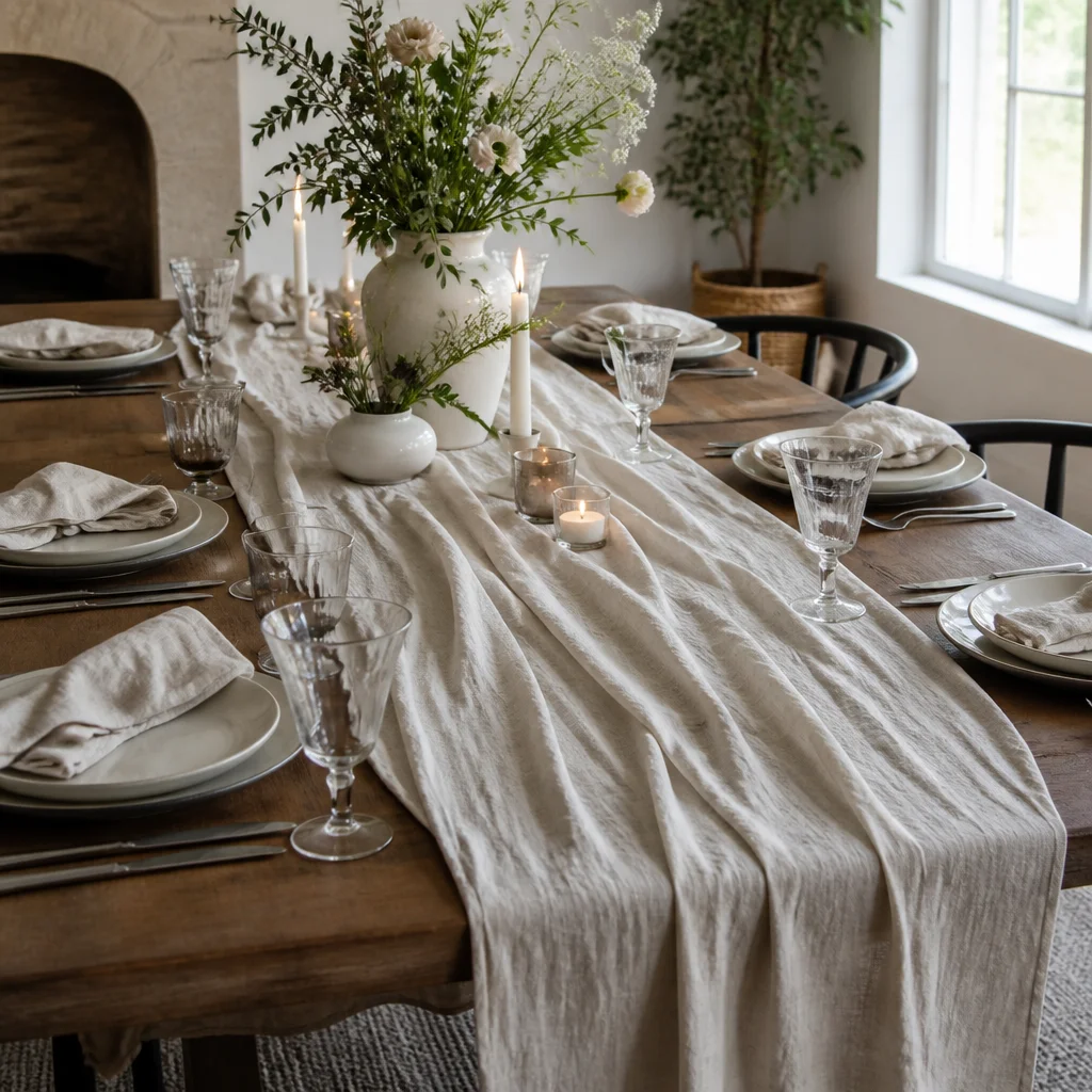 Neutral linen runner draped down a dining table with simple place settings and soft natural light