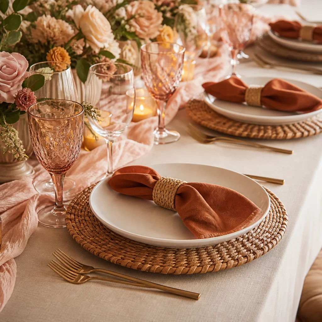 Elegant place settings with woven chargers beneath white dinner plates arranged evenly along a table