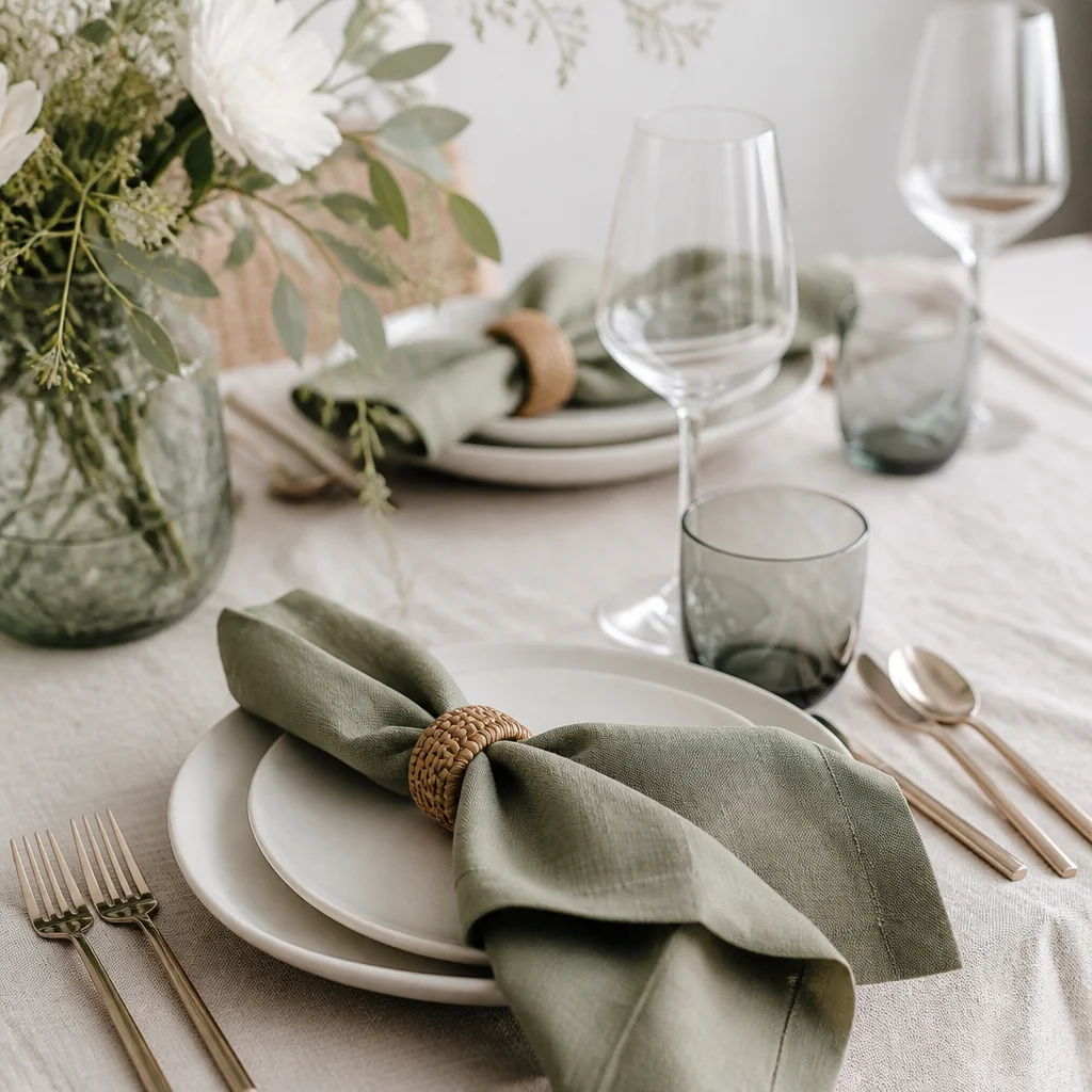 Colored linen napkins folded on plates with subtle accents that tie into the table palette