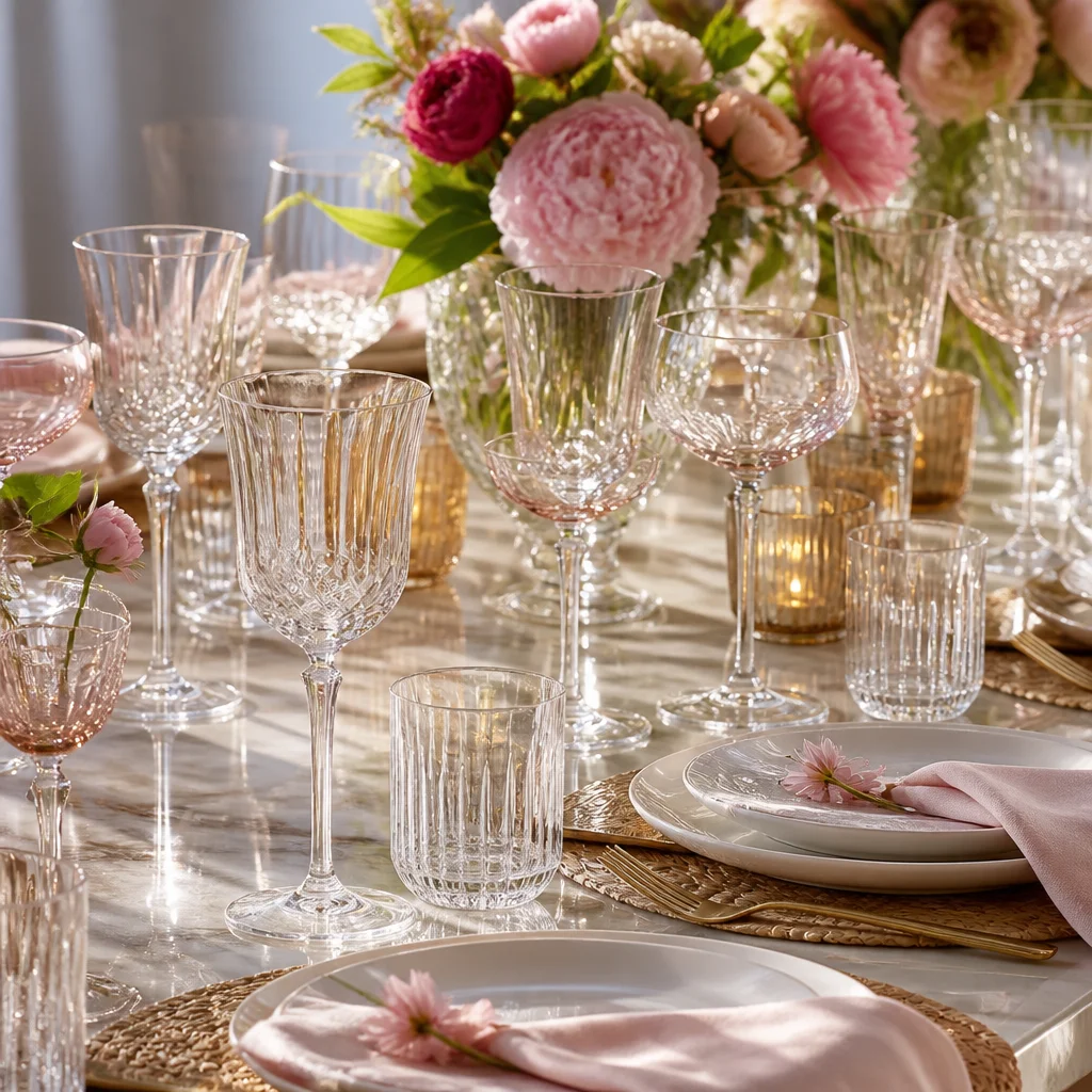 A celebration table with coordinated stemware and goblets placed neatly beside each setting