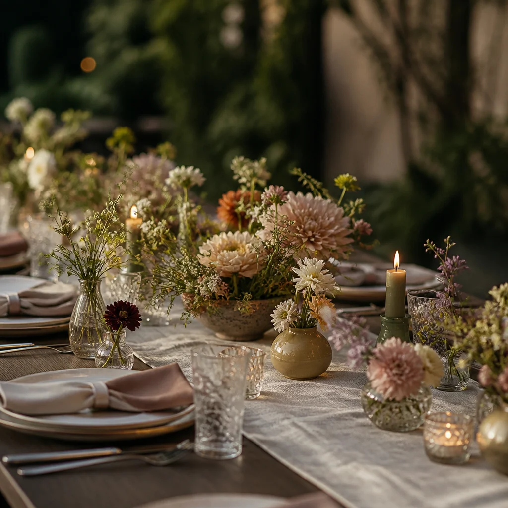 Low floral arrangements in small vessels spaced along a runner on a beautifully set table