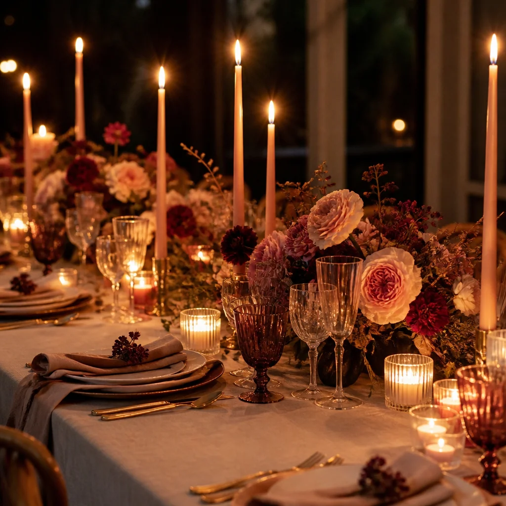 Mixed candlelight with tall taper candles and low votives glowing across an evening tablescape