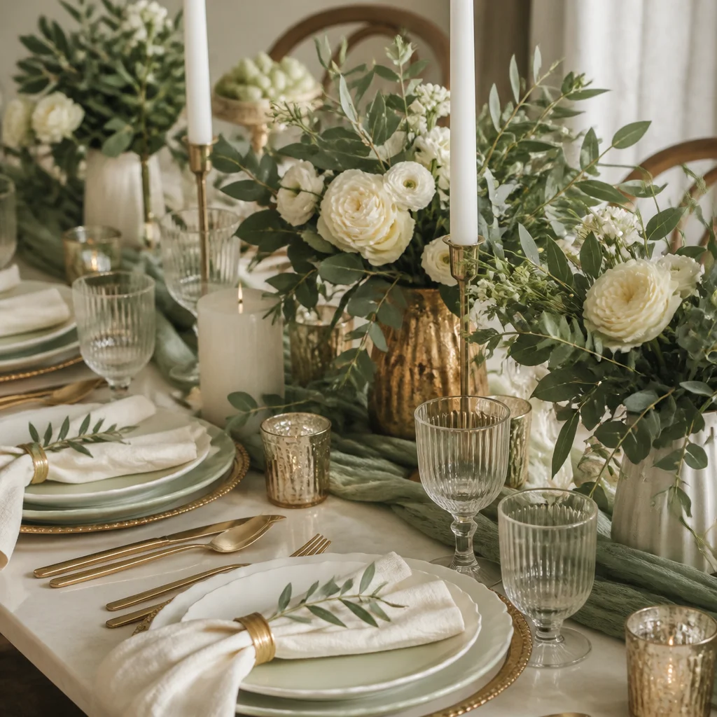 A cohesive party table showing an edited palette of neutrals, green tones, and warm accents