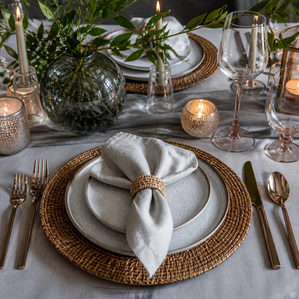 Layered table styling featuring woven, ceramic, linen, glass, and metal textures together
