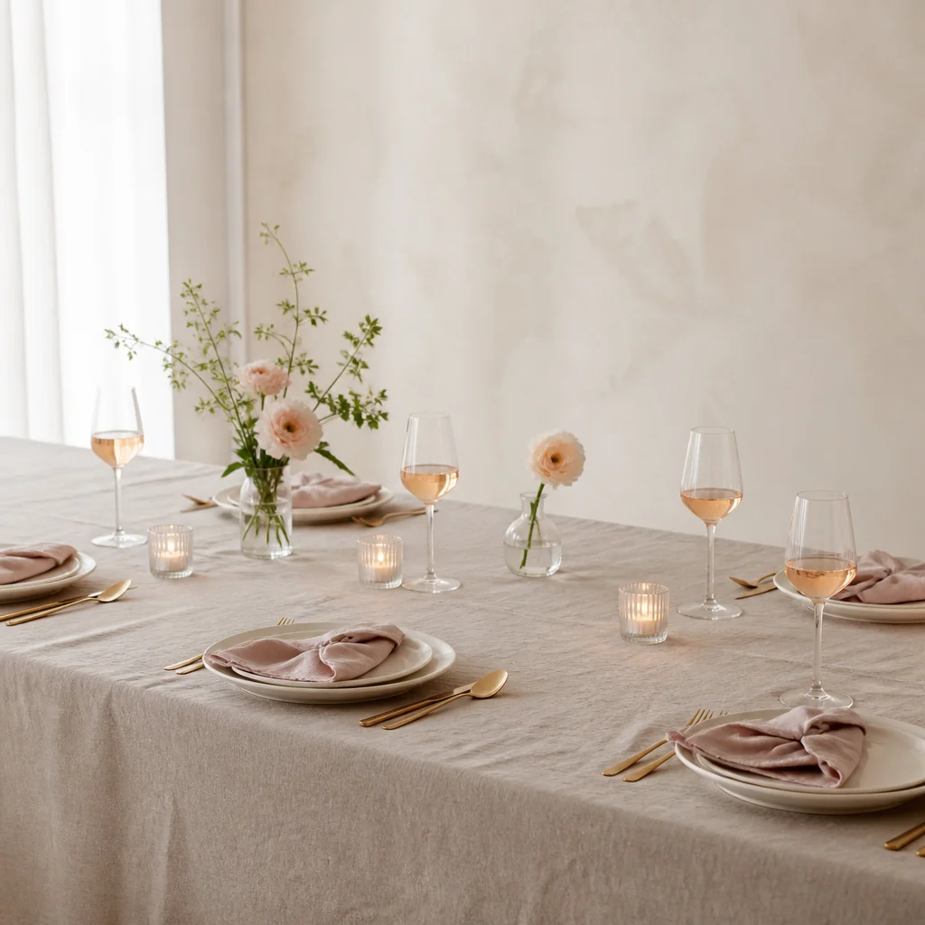 An airy tablescape with open space around place settings and a restrained centerpiece layout