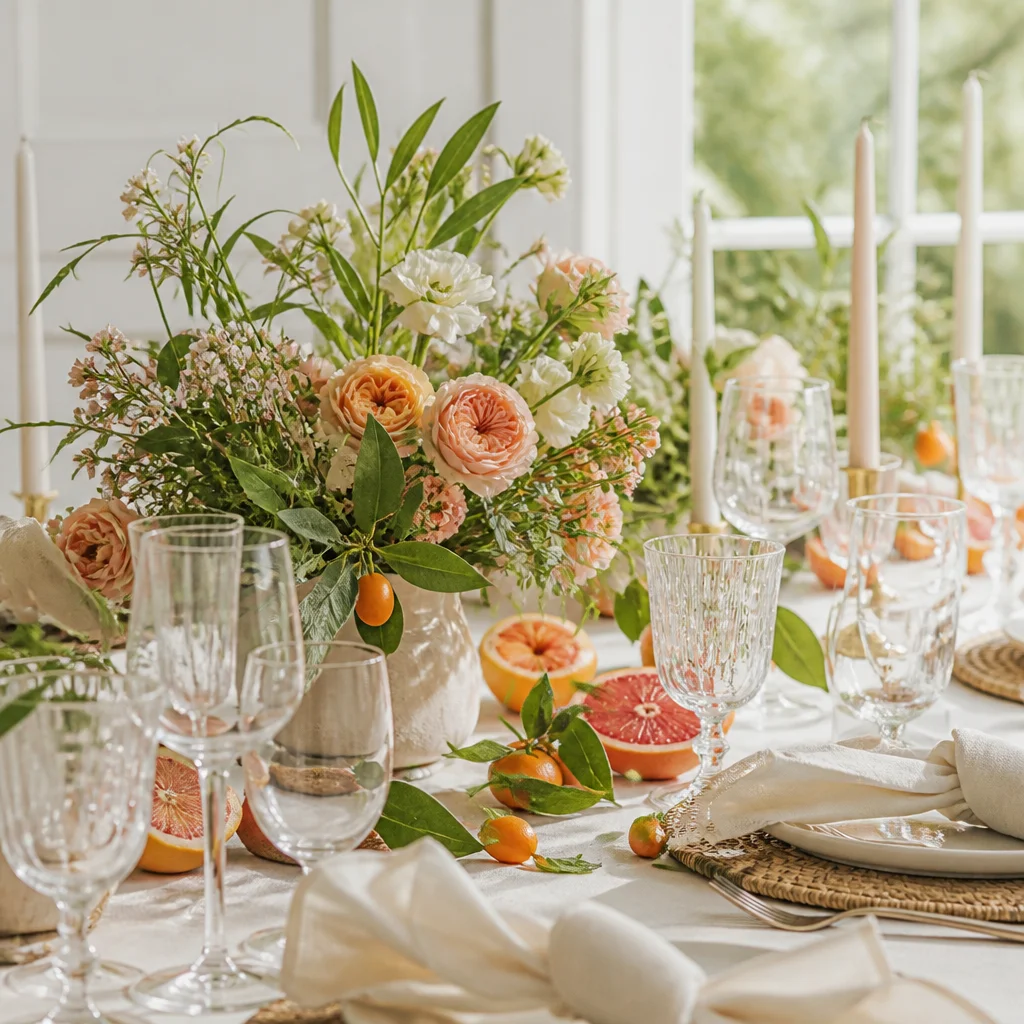 Seasonal table details including fruit, greenery, and flowers styled as subtle accents